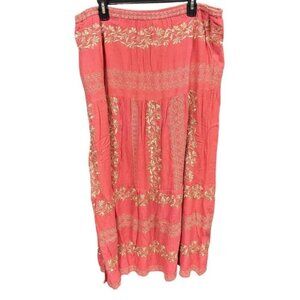 NWT Hale Bob Coral Gold Boho Embroidered Gauze Crinkle Maxi Skirt Size XL